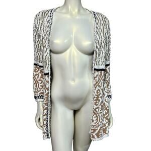 Chicos Size 2 Textured Boucle Cardigan Gold White Mixed Pattern L